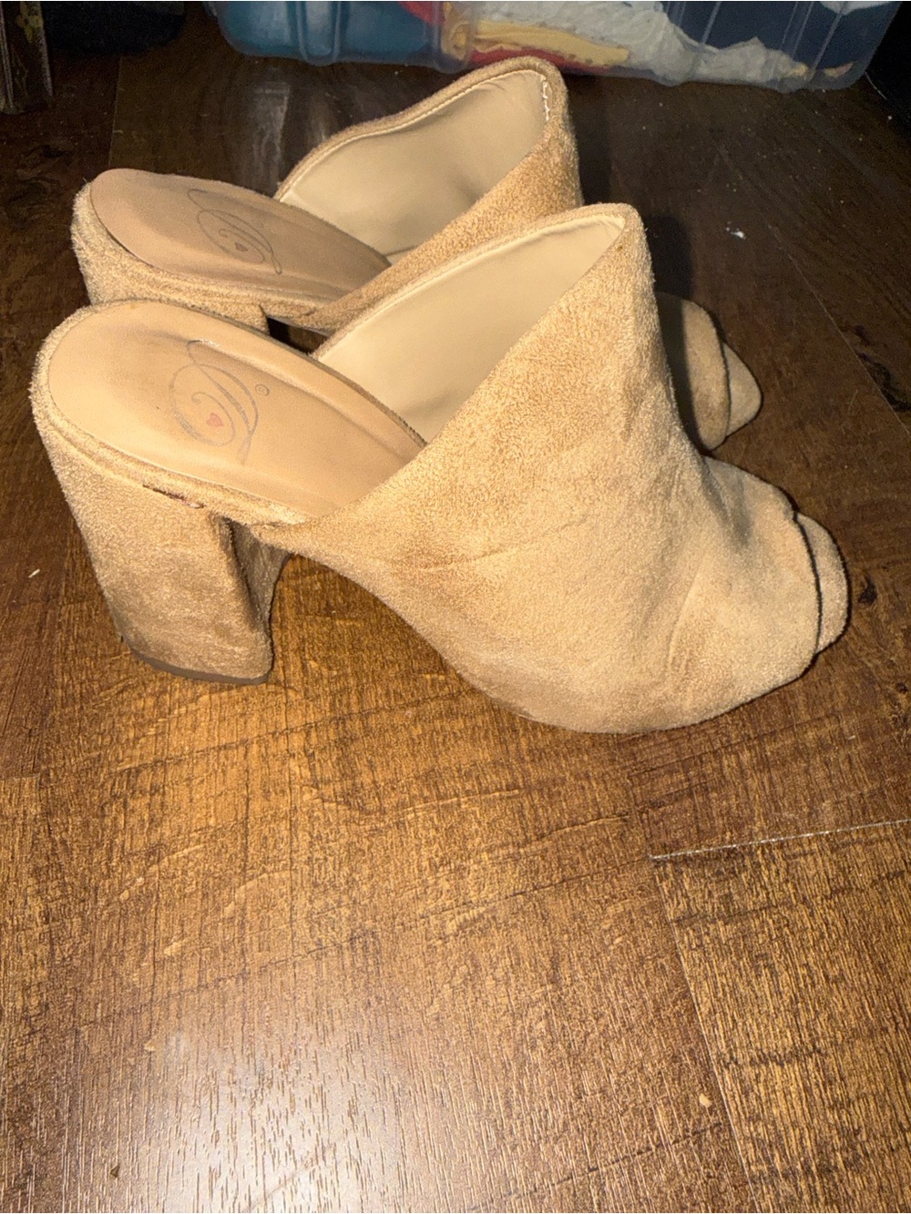 Neutral Suede Open-Toe Block Heel Mules